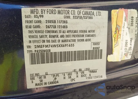 1999 Mercury Grand Marquis Gs from USA, damaged, VIN 2MEFM74W5XX691655